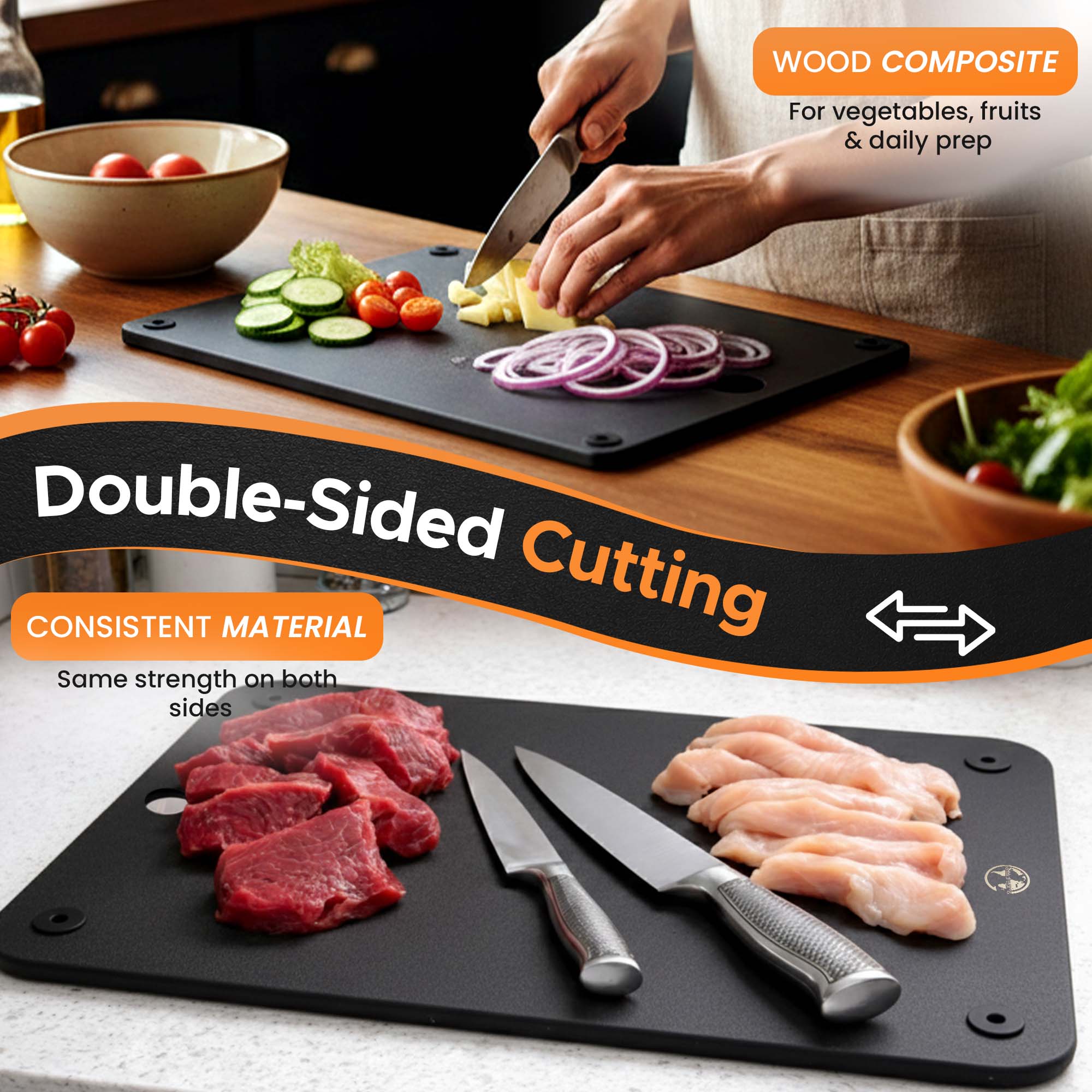 Black cutting board in use